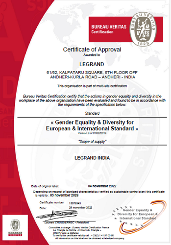 Group Legrand India Receives Gender Equality and Diversity for European and International Standard Certification