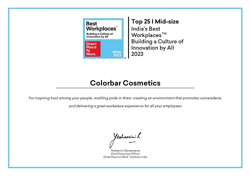Colorbar Cosmetics Receives the Coveted Recognition of 'India's Best Workplaces Building a Culture of Innovation by All 2023' by Great Place To Work India